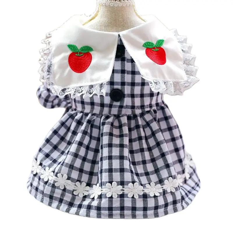 

Dog Clothing Black and White Plaid Princess Lace Collar Red Apple Small Lace Teddy Cute Temperament Pet Dog Skirt Clothes Suppli