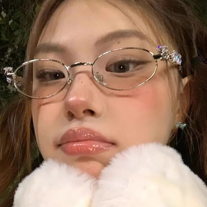 Nova moda pequena armação oval óculos de metal azul luz bloqueando óculos japonês retro strass na moda leitura y2k óculos
