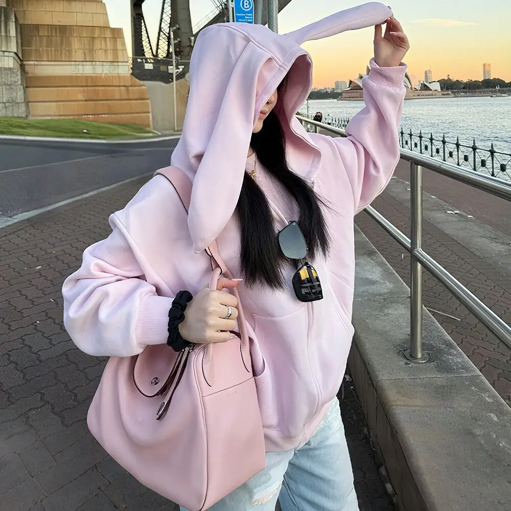 

Осень 2025 г., модная розовая толстовка с капюшоном и ушками кролика для девочек с длинными ушками для женщин, толстовка большого размера, свободная молния, кавайная одежда