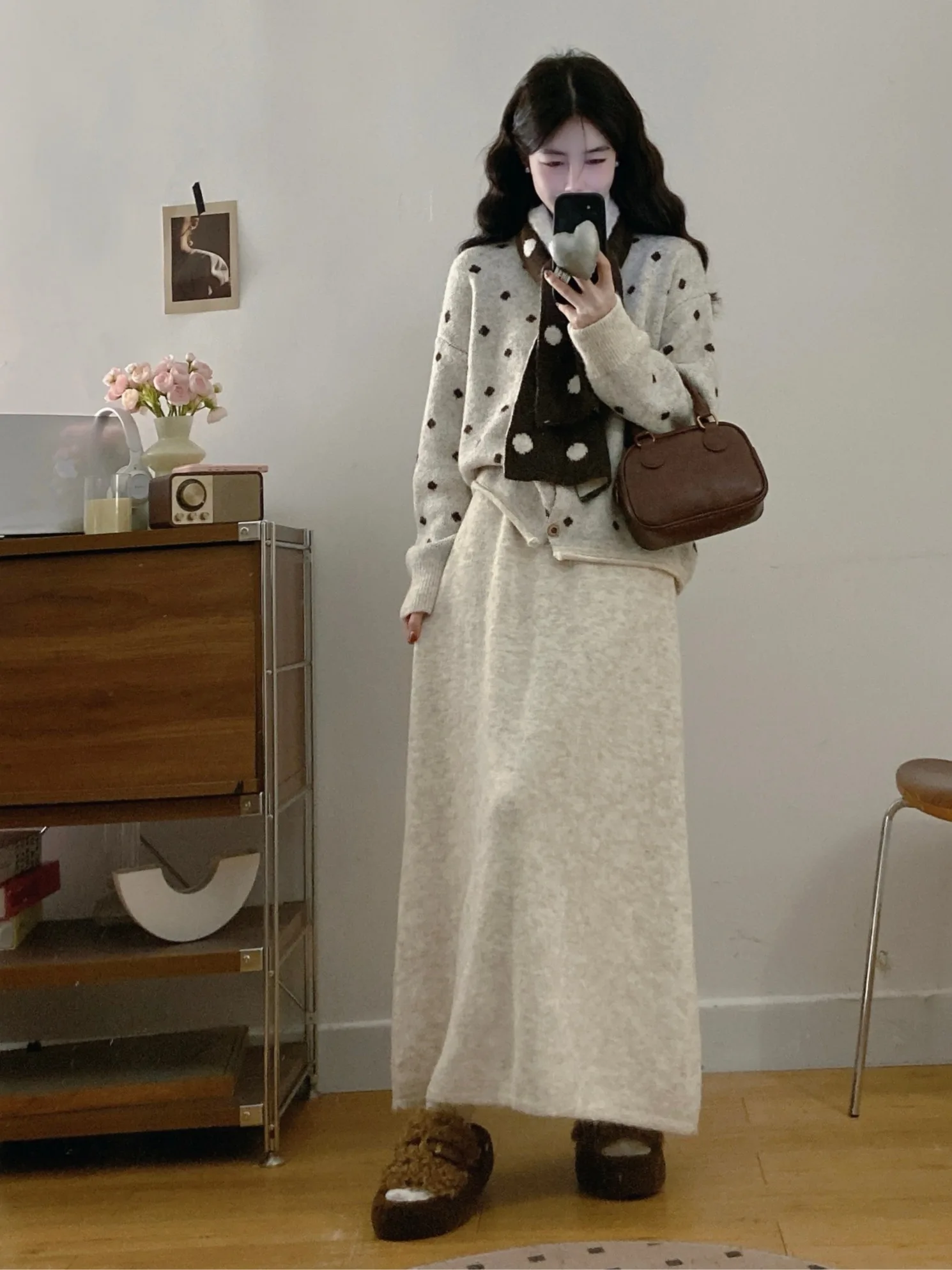 

plus Size Knitted Open Cardigan Top High Waist Skirt Tee Piece Set Women's Faion Autumn Winter Thiened Korean Sle