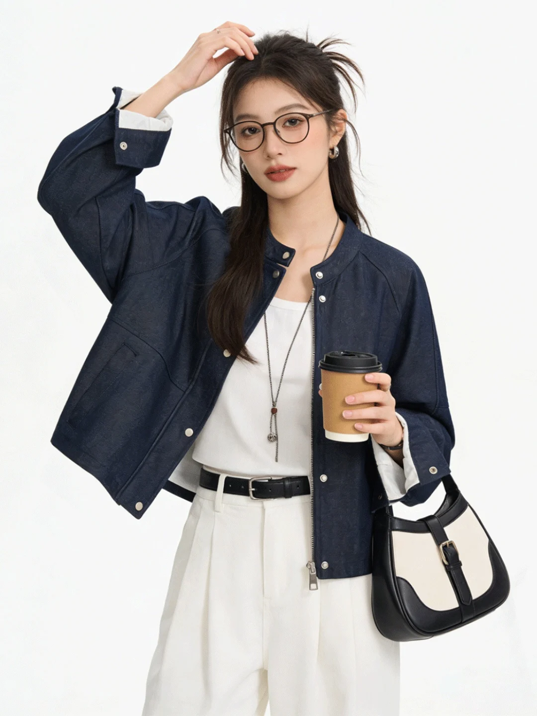 

Chic Blue Denim Jaet ort Sle Women's Spring Faion Korean Stand Fit round Ne Button Closure Casual Outerwear