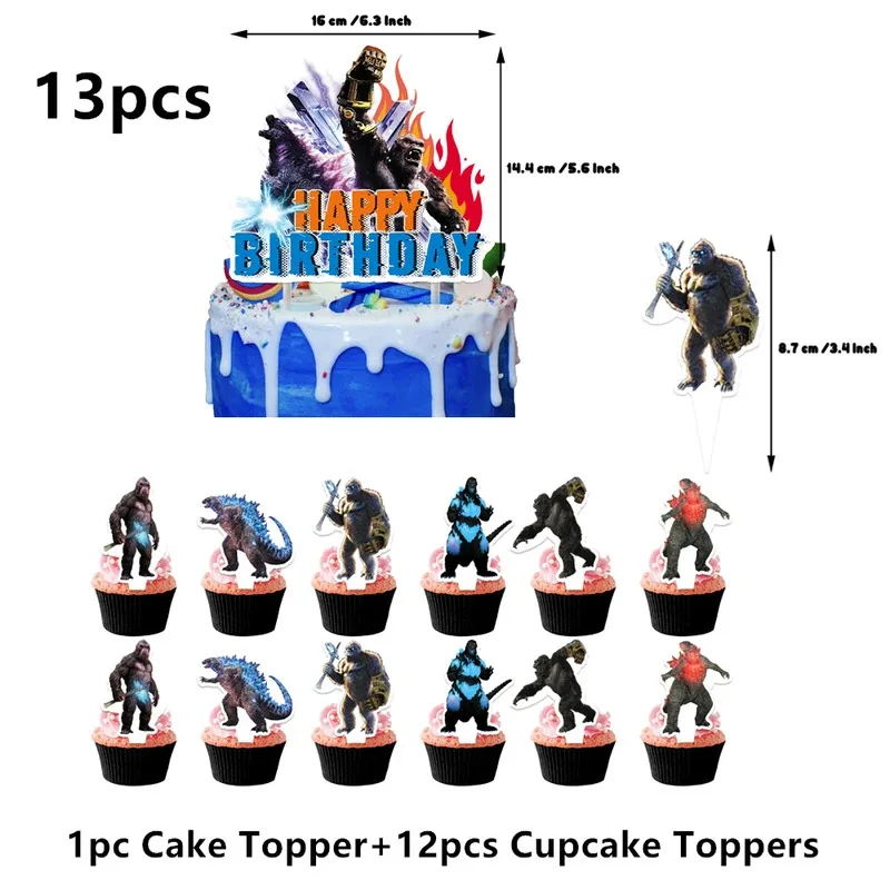 Monster Godzilaed Vs King Konged عيد ميلاد سعيد الديكور لوازم الحفلات بالونات راية خلفية كعكة توبر كأس لوحة منديل #3