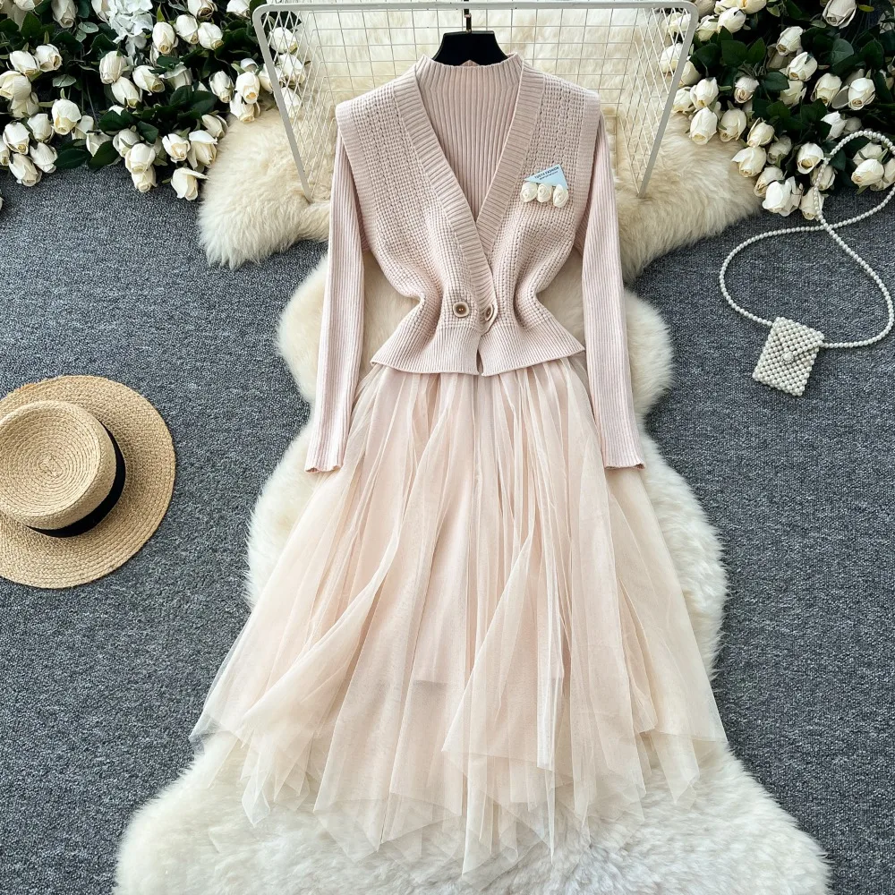 Neploe Sweet Advanced Outside Wear V Neck Knit Set Vest Korea High Waist Patchwork Mesh Skirt Slim French Style Moda Suit Dress