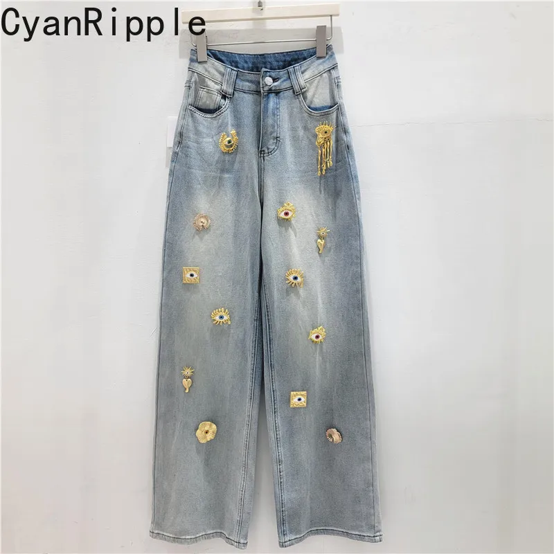 American Style Vintage Washed Stretch Jeans for Women New Spring Summer Handsome Metal Decoration Wide Leg Pants Denim Trousers