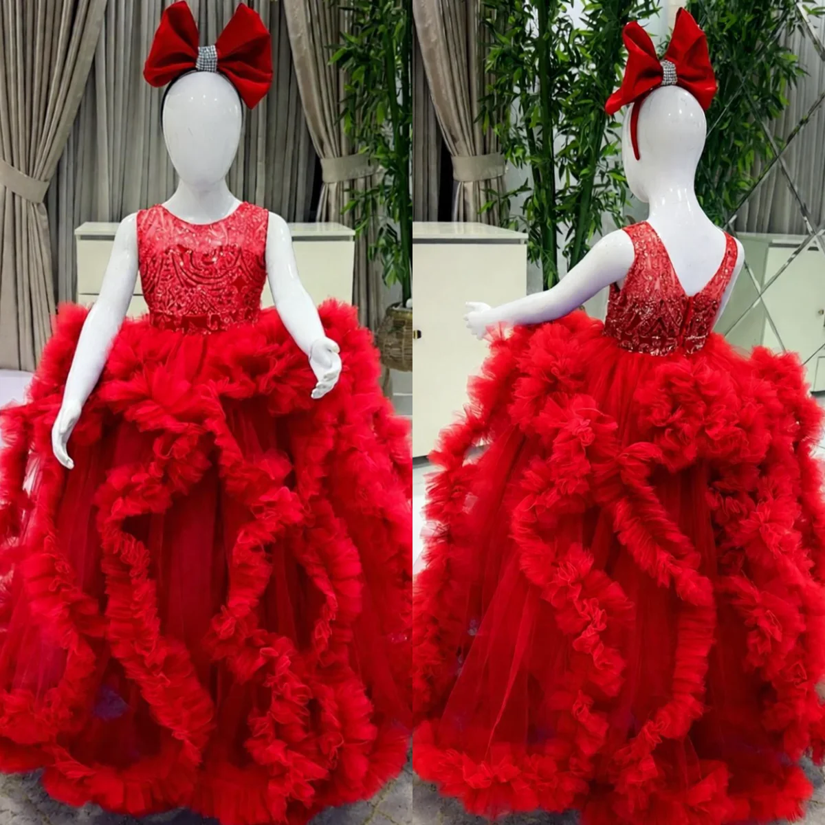 Sukienki dla dziewczynek na wesele z czerwonymi kwiatami, szyte na miarę, tiulowe, warstwowe, zdobione koralikami, olśniewające, dwuczęściowe, na urodziny, sesję zdjęciową.