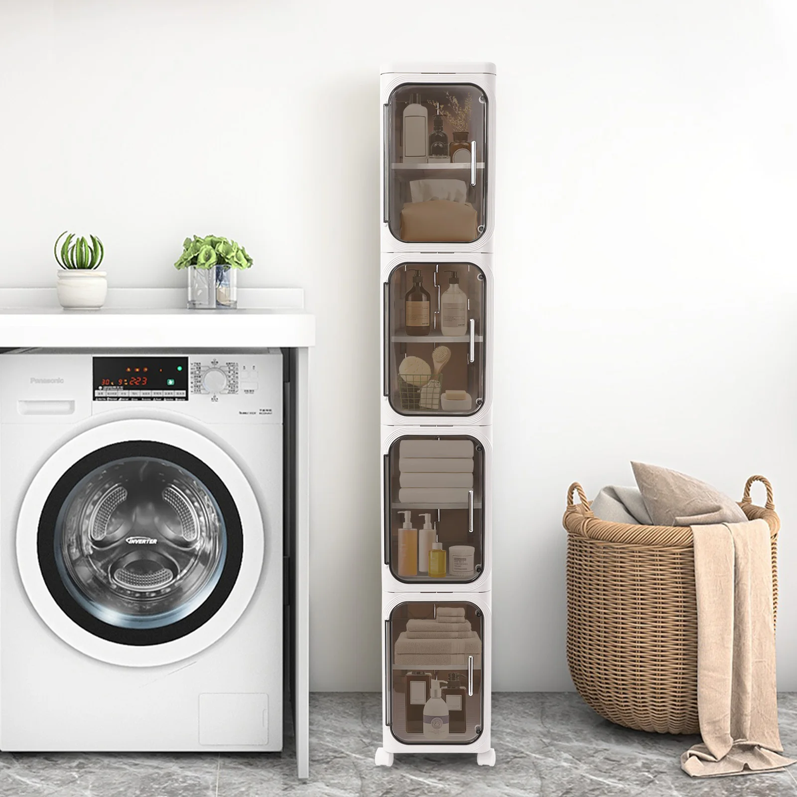 

Storage Cabinet, 4 Tier Slim Bathroom Organizer 20x33x127cm, Pure White Narrow Space Plastic Drawers Dresser, Waterproof Durable