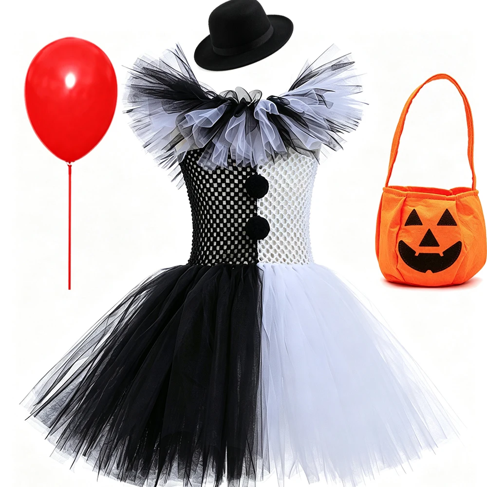 Mädchen Halloween Clown Kostüm Kleid Kinder Schwarz Weiß Gruseliger Clown Kleid mit Hut Socken Handschuhen Set Karneval Cosplay Party Outfit – Detail 7