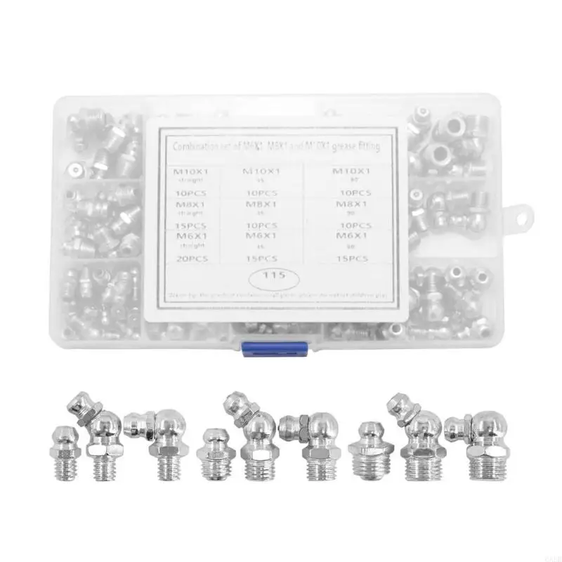 6XDB 115Pcs Metal Zerk Grease Nipple Fitting Assortment Straight 45 90 Degree Metric Hydraulic Grease Fitting