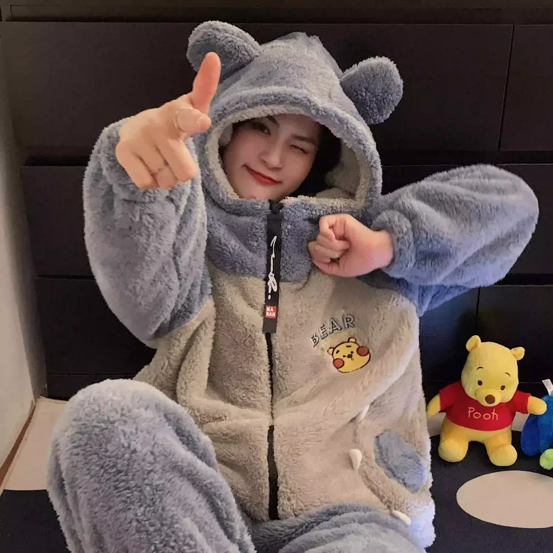 Cartoon Winnie the Pooh pajamas winter new coral fleece thickened fleece men/women\'s casual Disney loungewear women\'s pajamas