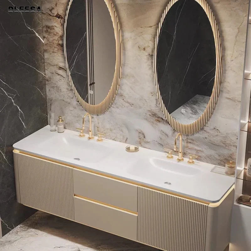 2025 Luxury Wall Mount Floating Cabinet Artificial Stone Bathroom Vanities Double Sink Vanity Bathroom Customizable