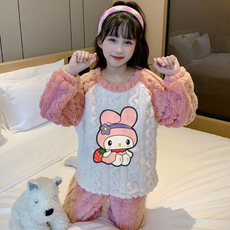 Sanrio Kuromi Girls Winter Fleece Pajamas Sets Teen Kids Cartoon Long sleeves Tops+Pants Suit Warm Sleepwear Children Homewear