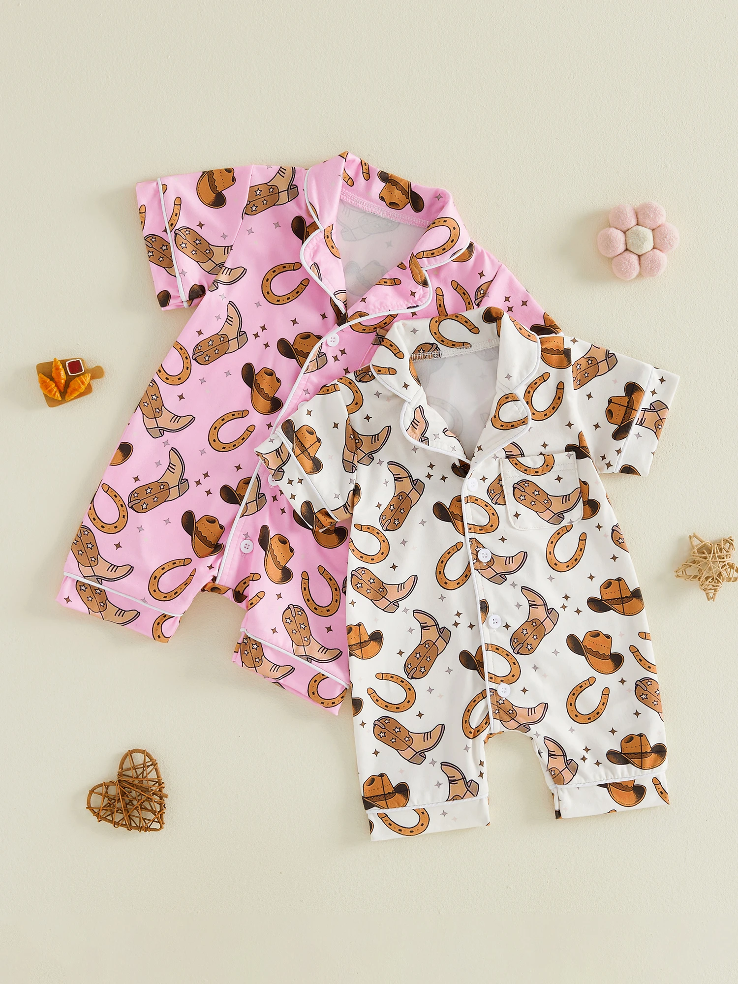 

Toddler Girl s Western Cowgirl Print Romper Pajamas with Lapel V Neck Short Sleeves and Button Down Front - Adorable