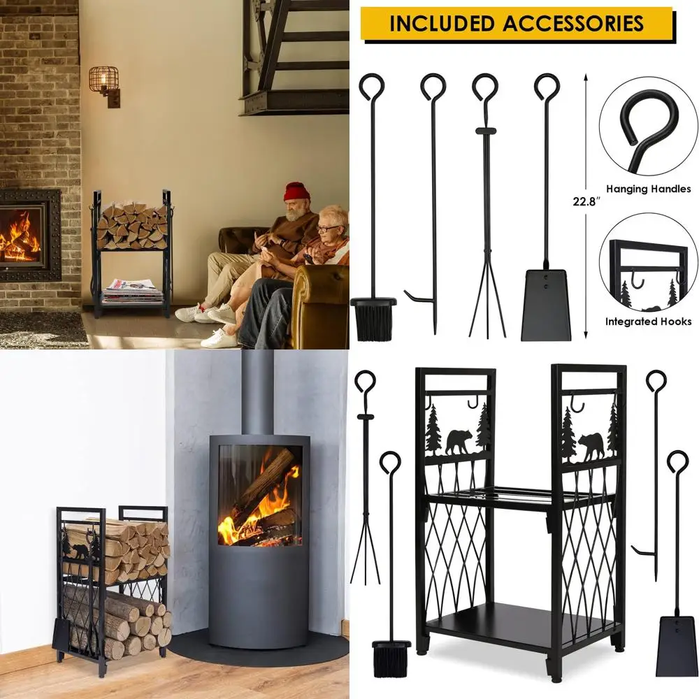 

Outdoor Heavy-Duty Firewood Rack with 4 Fireplace Tools: Shovel, Poker, Tongs, Broom for Indoor/Outdoor Wood Storage