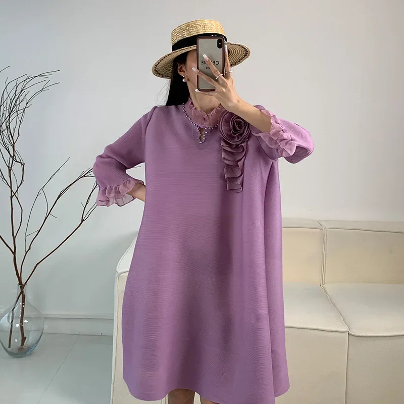 Miyake Style Pleated Dress for Women 2024 Summer New Round Neck High Waist Casual High-end Large Flower Mid-length A-line Skirt