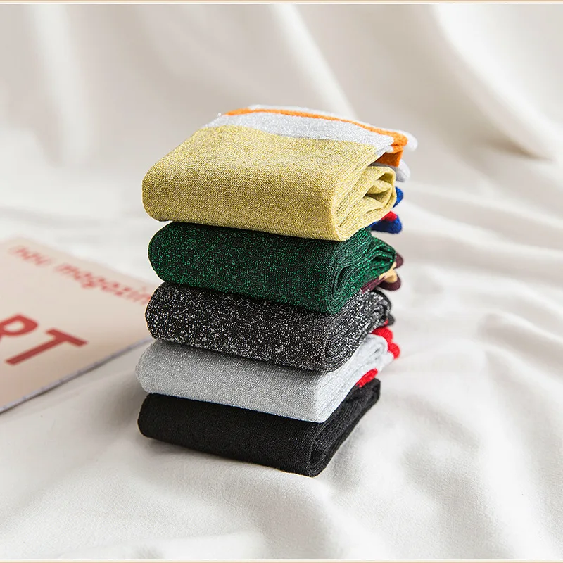 Fashion Shiny Glitter Striped Women Socks Trendy Rocks Roll Sparkled Bright Color Cute Kawaii Winter Warm Funny Socks Streetwear
