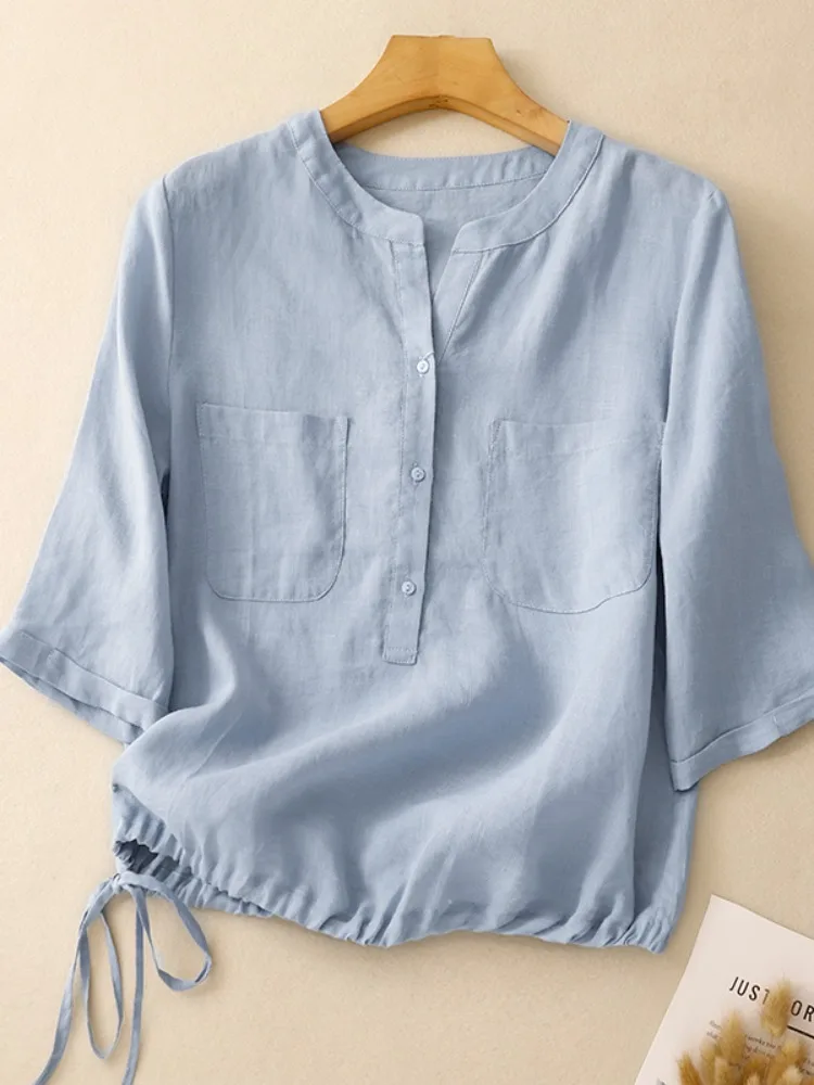 

Повседневная женская рубашка из хлопка и льна, летняя, маленького размера, свободного кроя, с укороченным рукавом, на пуговицах, тонкая, однотонная, с подолом на кулиске