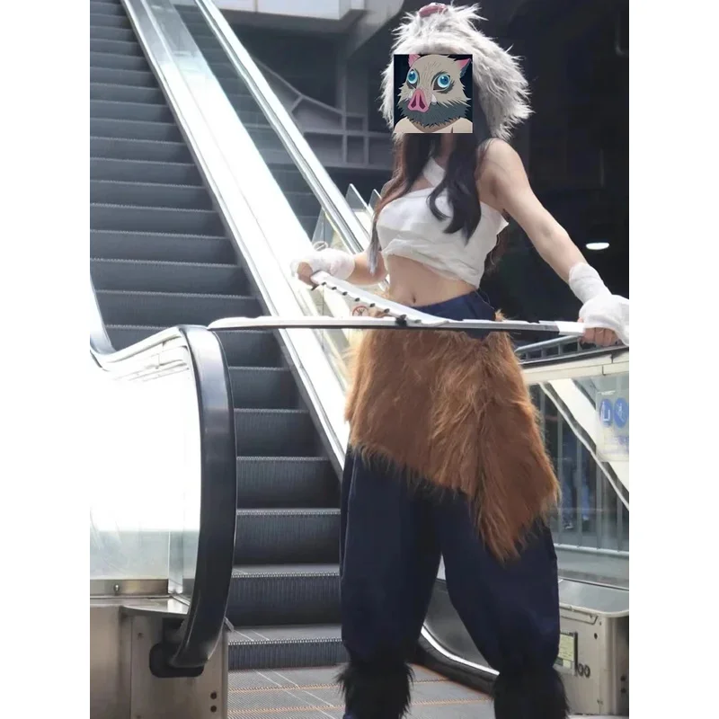 

aaa12 3Women Halloween Costumes Anime Demon Slayer Hashibira Inosuke Cosplay Pig Mask Bandage Pants Kimetsu no Yaiba Wig Suit