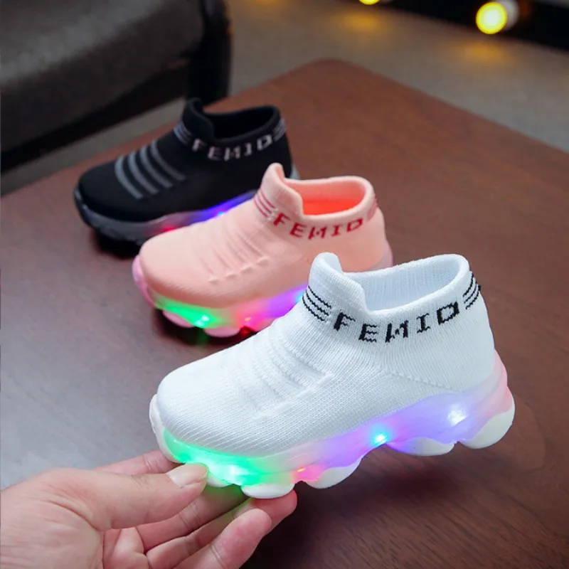 Kids Sneakers Children Baby Girls Boys Letter Mesh Led Luminous Socks Sport Run Sneakers Shoes Sapato Infantil Light Up Shoes