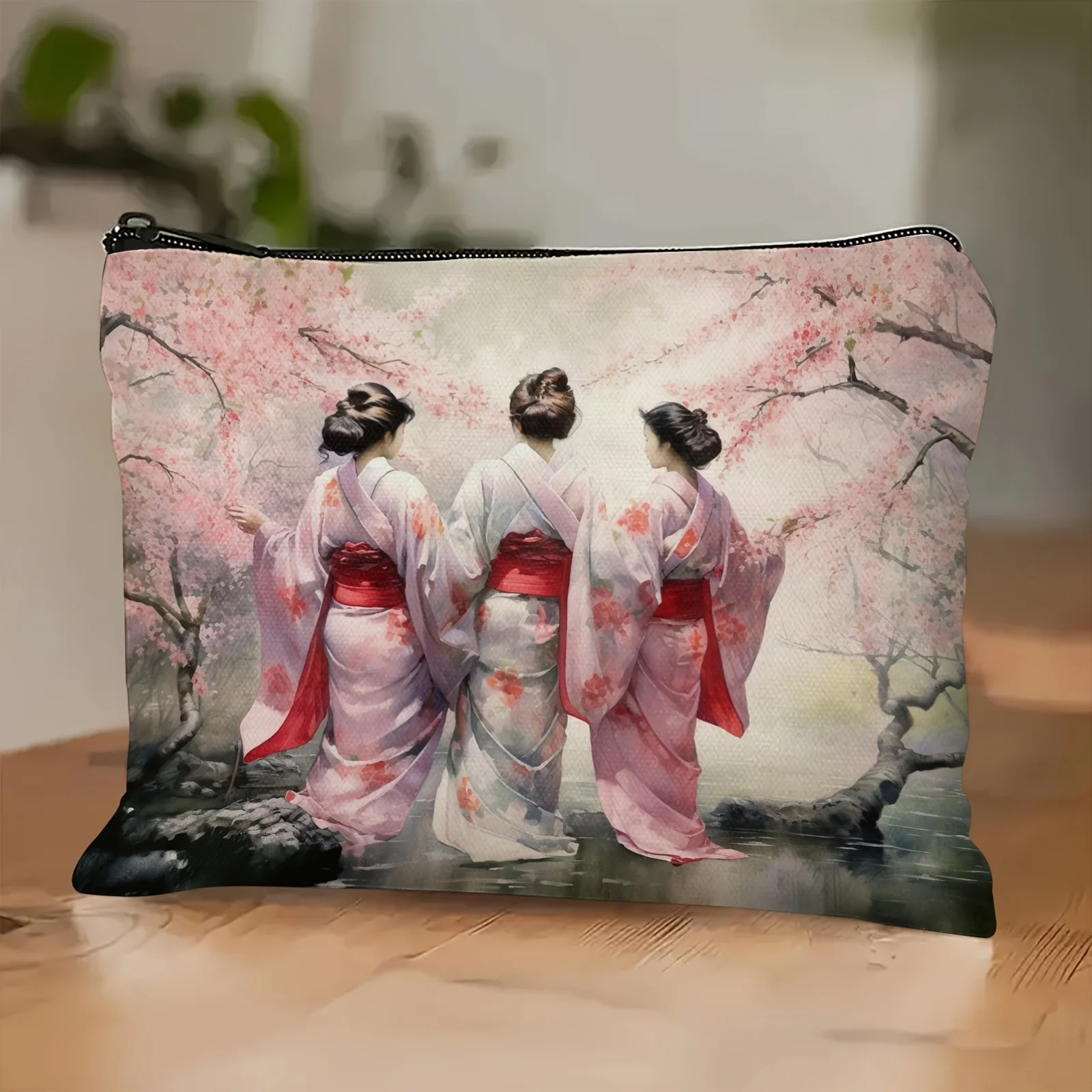 Vibrant Japanese Geisha Makeup Bag Traditional Kimono and Cherry Blossom Durable Women Travel Cosmetic Pouch Is Perfect Trips