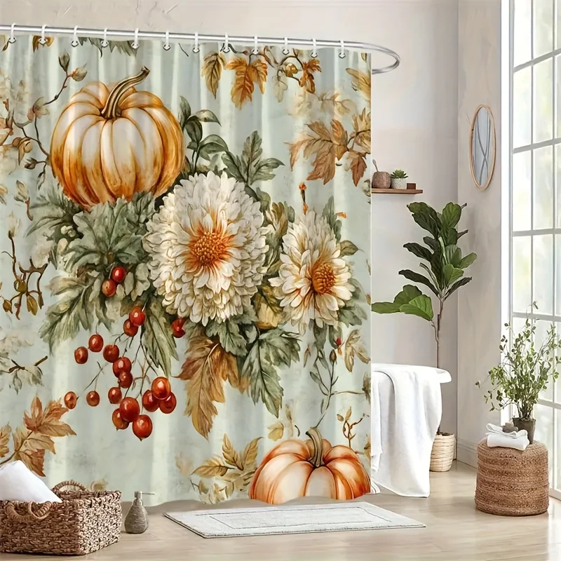 

Shower Curtain Vintage Pumpkin Berry Dahlias Autumn Leaves Print Polyester 70.8x70.8 Inch Machine Washable