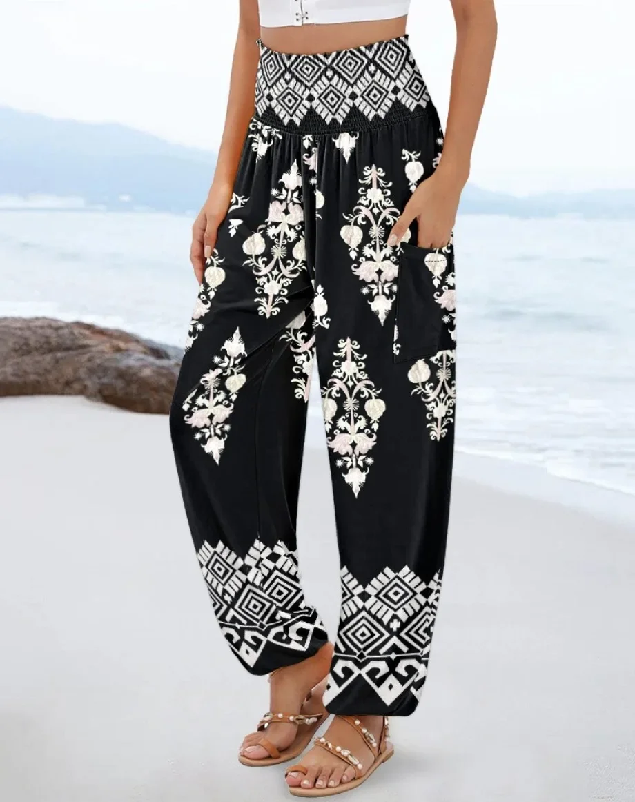 Damen Boho Bedruckte Haremshose mit Hoher Taille, Elastischem Bund, Seitentaschen, Lockere Hose für Strandurlaub und Freizeit – Detail 6