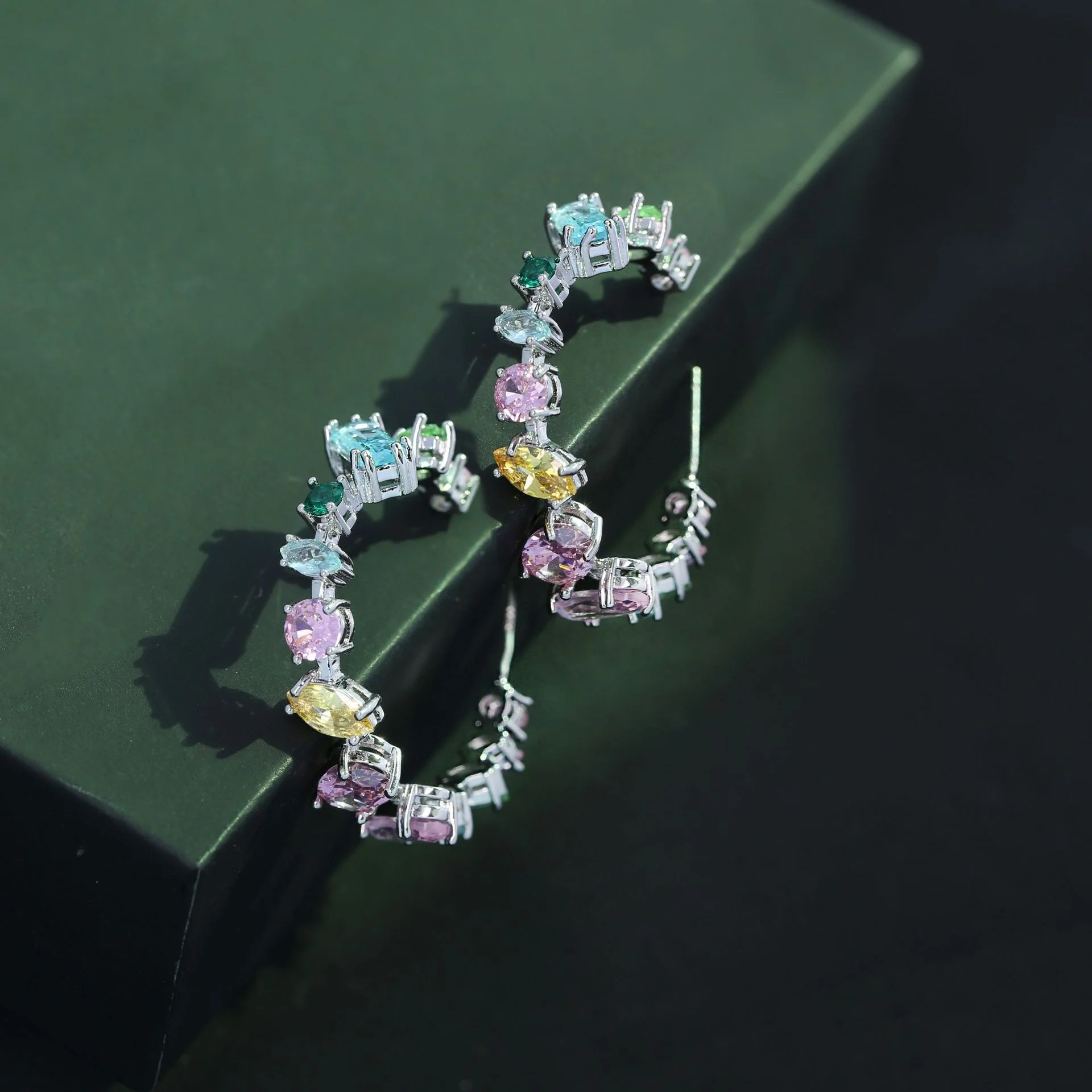 

925 Silver Multicolor CZ Hoop Earrings, Rainbow Gemstone Huggie Earrings, Sparkling Colorful Party Jewelry for Women