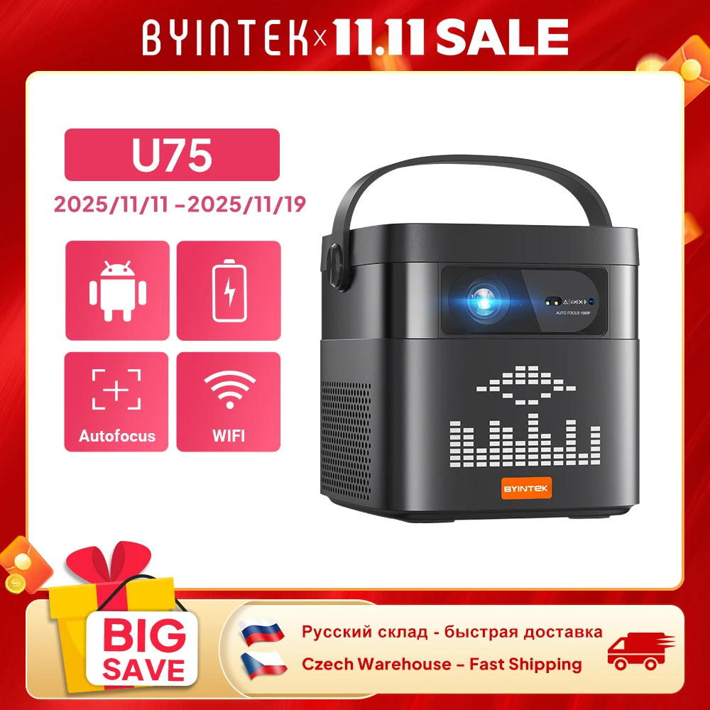 

BYINTEK U75 Portable Projector 4K 3D WiFi Full HD1080P Built-in 2 x 10W Speakers Home Theater Projectors With15000mAh Battery