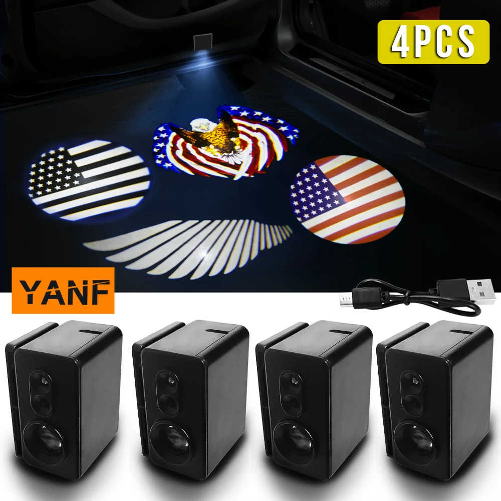 

4pcs USA American Flag Bald Eagle Logo Car Door Welcome Projector Shadow Light Your Car This Independence Day Car Accessories