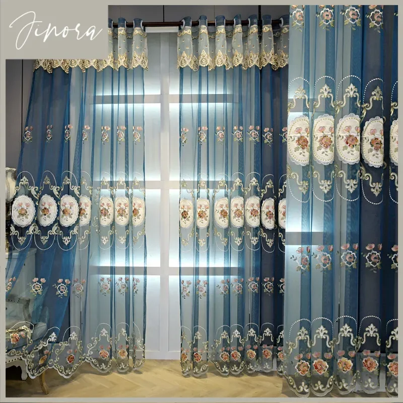 European Luxury High-end Embroidered Window Screen High-end Living Room Balcony Bedroom Blue Gauze Curtain Modern Simple