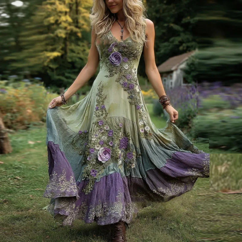 Sexy Hohl Tiefem V-ausschnitt Böhmischen Urlaub Kleid Frühling Retro Blume Drucken Swing Frau Kleider Sommer Ärmellose Strap Maxi Kleid