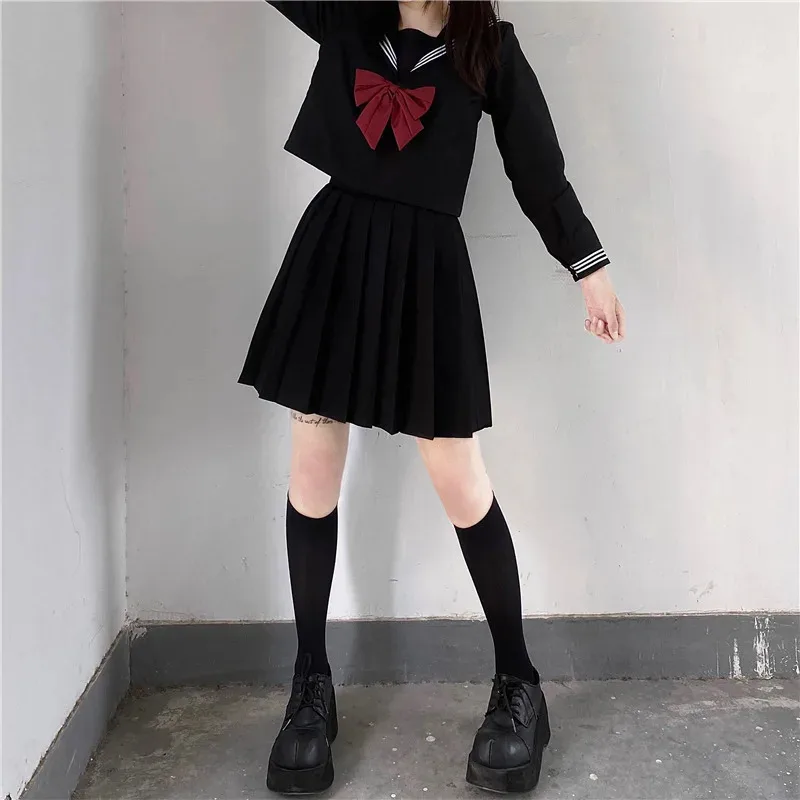 Uniforme de marinero básico para niñas de la escuela japonesa de talla grande Jk con lazo rojo negro tres trajes de manga larga para mujeres v;2,r'6;t.
