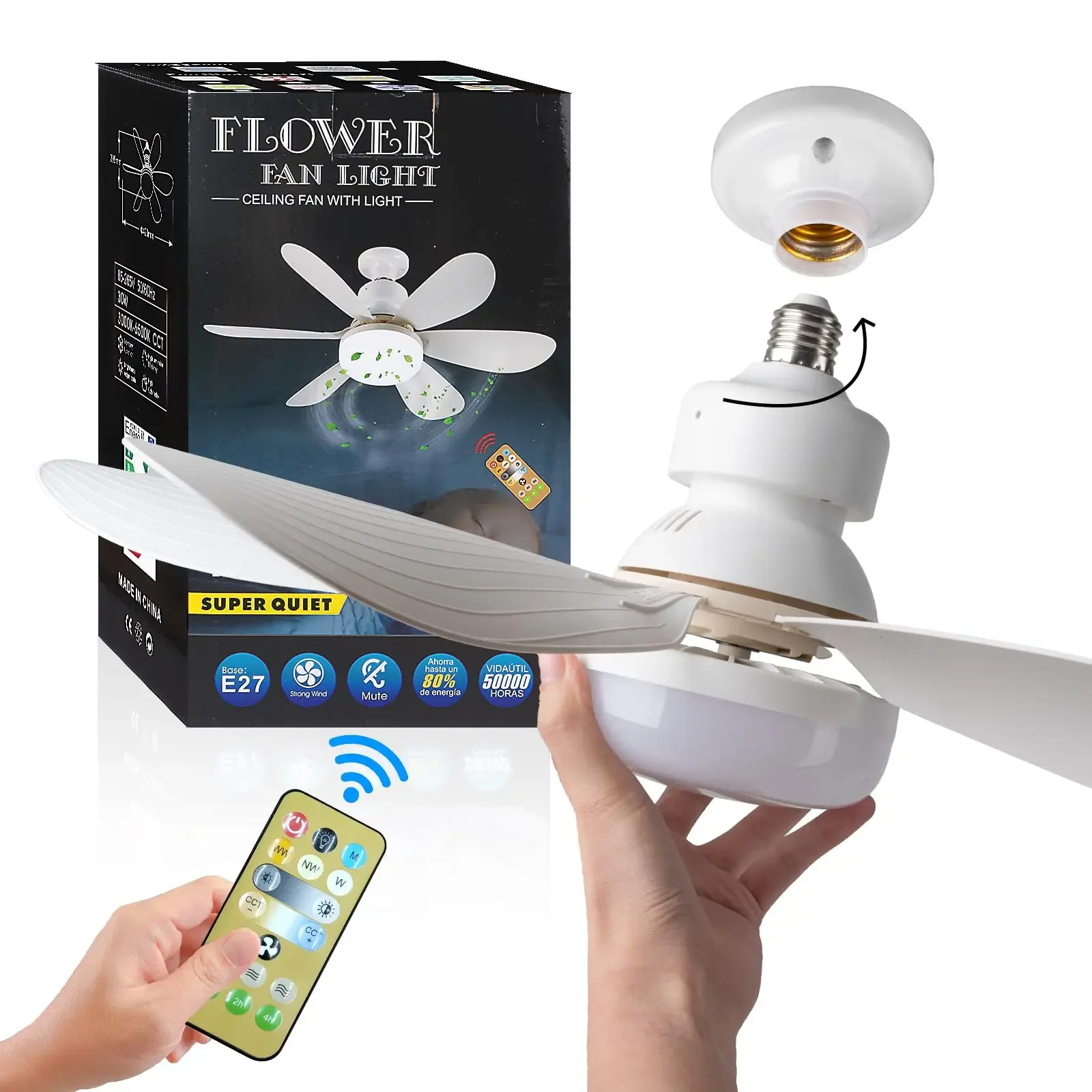 

Ceiling Fan Remote Control Lighting LED Lamp 20.5-inch Ceiling Fan E27 Base Smart Silent Ceiling Fan, Bedroom Living Room