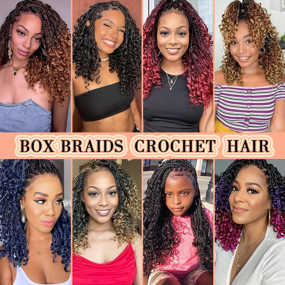 1-6 Packs 14 Inch Boho Goddess Box Braids Crochet Hair with Curly Ends Ombre Brown Auburn Bug 16 Colors Soft Net Synthetic Hair