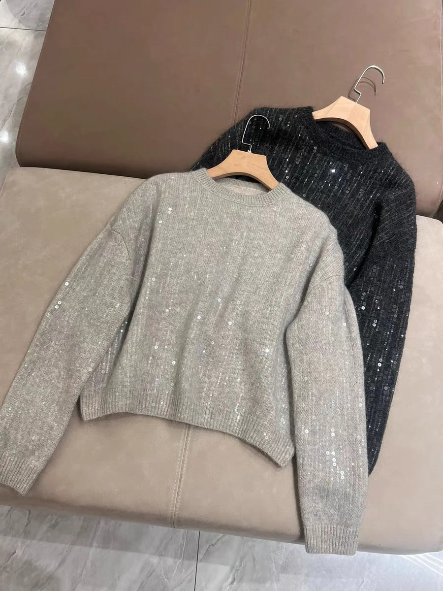 

Women Sequin Decoration Sweater Long Sleeve O-Neck Loose Autumn Winter Knitted Pullover