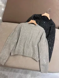 Women Sequin Decoration Sweater Long Sleeve O-Neck Loose Autumn Winter Knitted Pullover