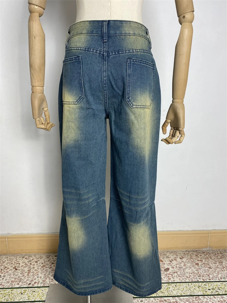 المرأة خمر الأزرق القديم عالية الخصر واسعة الساق للجنسين الجينز فتاة باردة الشارع الشهير سراويل أنيقة الإناث تصميم مستقيم بنطلون