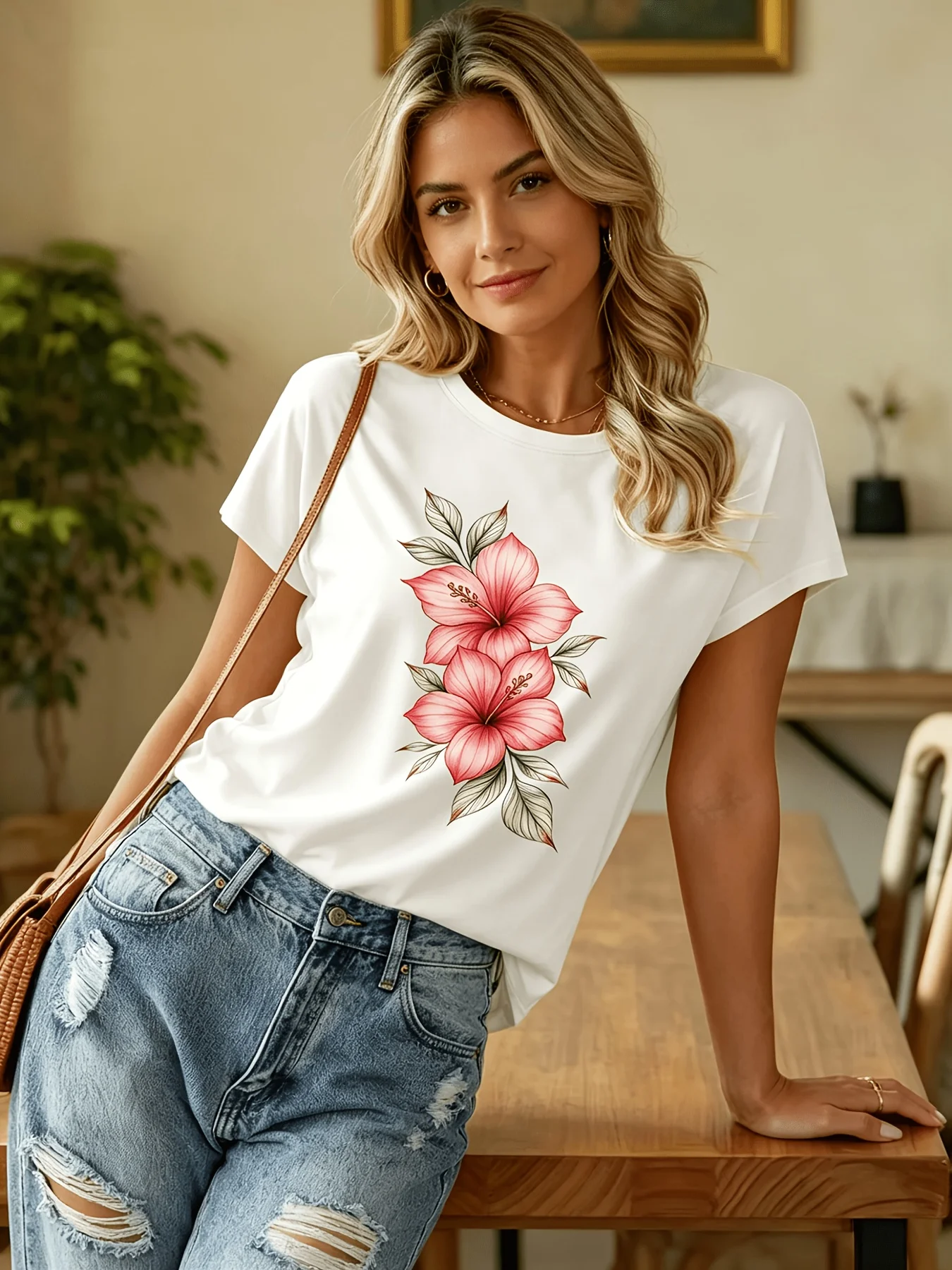 Hibiscus Flower Graphic for Women Elegant Floral Print Short Sleeve Casual Crew Neck Aesthetic Botanical Shirt for Daily Wear