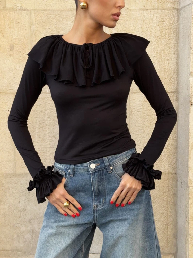 

Tossy Commute Flounce Crop T-Shirt Top For Women Hollow Out Round-Neck Solid Pleats Slim Patchwork Pullover Y2k Top Female Tee