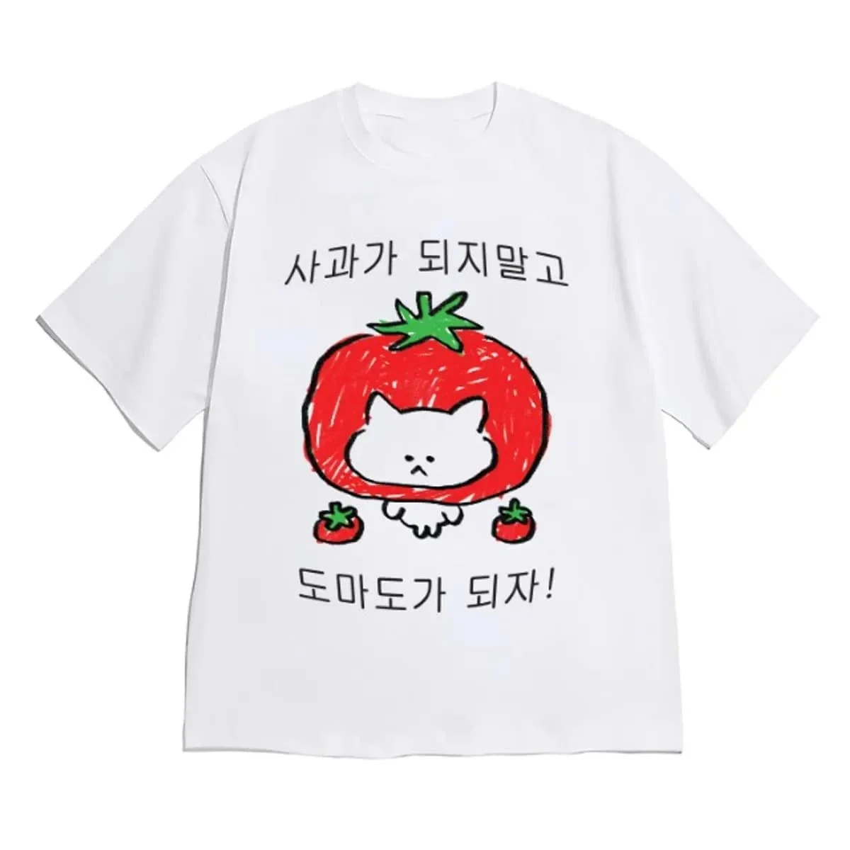 Cute Doodle Tomato Cat Korean Hangul Letter Print Tee Women Loose O-Neck Short Sleeve Kawaii Aesthetic Harajuku Basic Women Tee