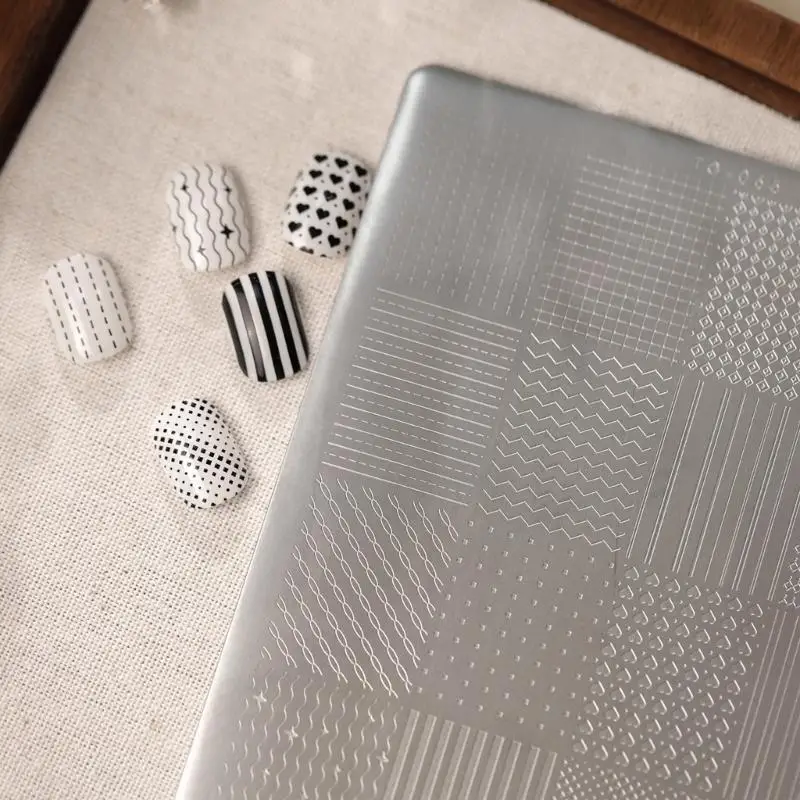 TG065 Stamping Design Plate in Stainless Steel, Rectangular Manicure Template With Curved Dot Line Pattern Zones for