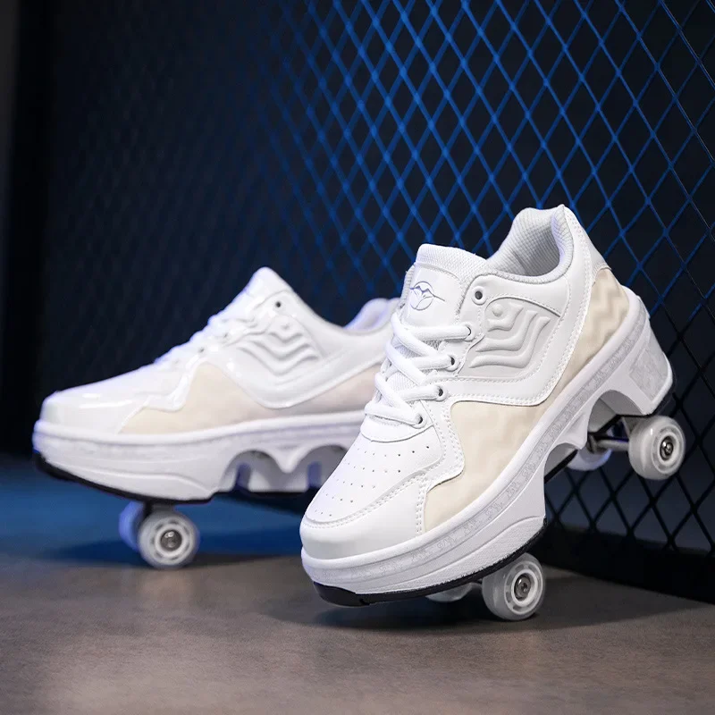 Street‑Style High‑Top Pop‑Up Roller Skate Sneakers, Auto Retractable 4‑Wheel Design, Great Gift for Boys Girls Street‑Going Yout