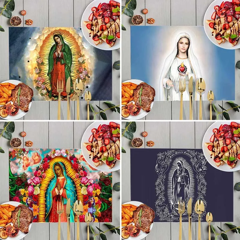 Pintura a óleo impermeável Table Mats, Linho Coffee Coaster Placemat, Desk Pads, Nossa Senhora de Guadalupe, Virgem Maria, Santa Maria