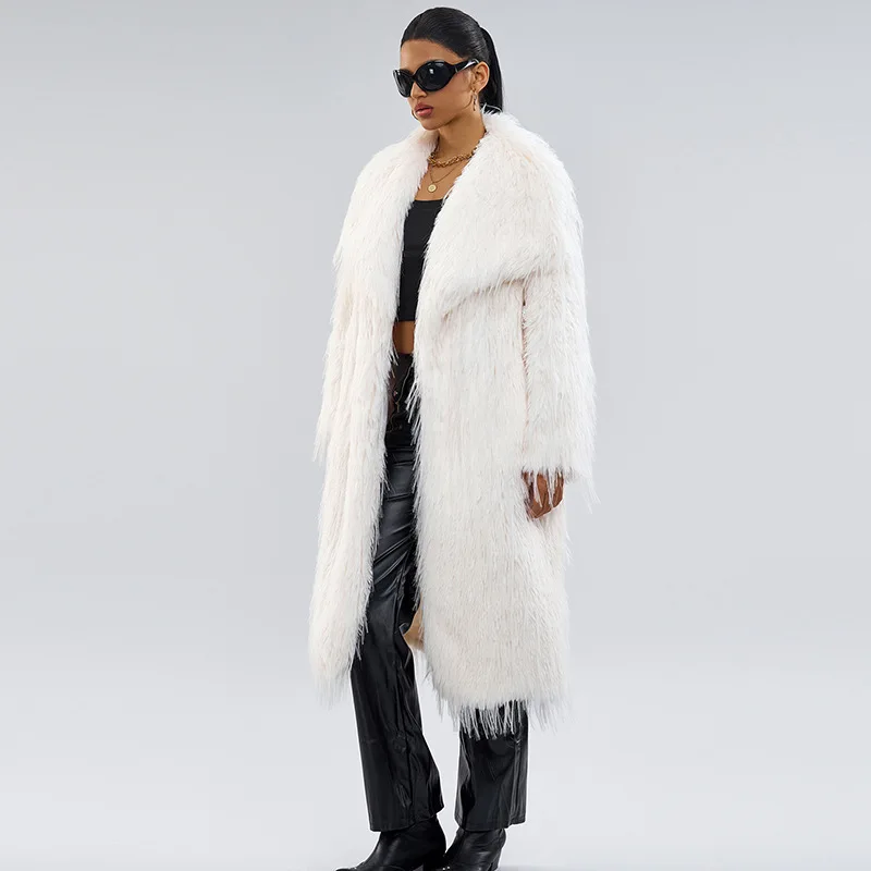 

Fall Winter Fur Fluffy Long Solid Color Jacket Outerwear 2025 Retro Faux Fox Fur Tops Thicken Warm Jackets Long Coats