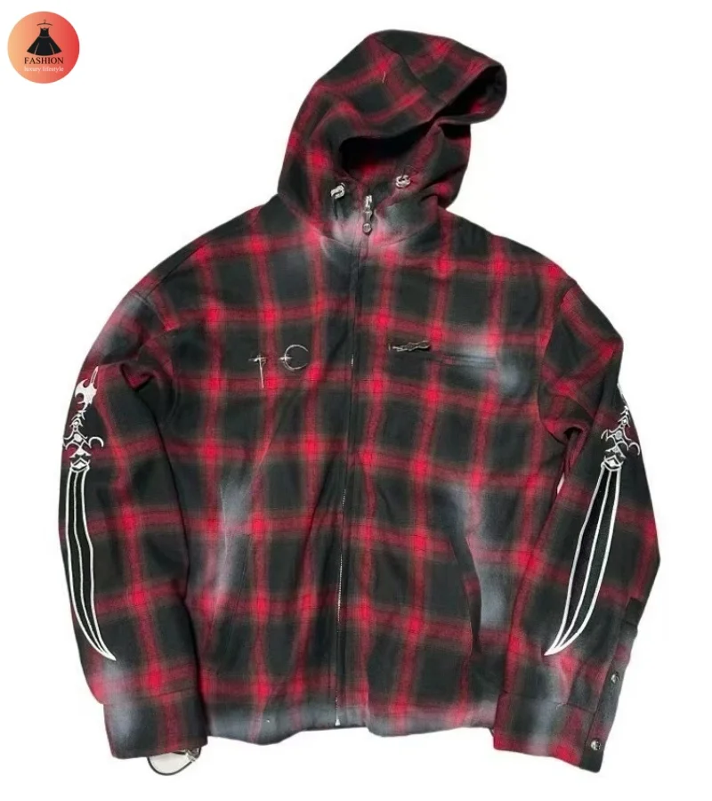 

Mens Womens High-end Plaid Hoodie 1:1 Heavy duty Red ThugClub Embroidery Metal Logo Vintage Mens Womens Zip Coats