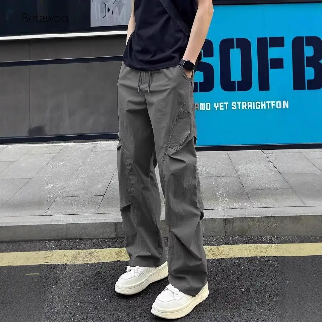 

Men's Drawstring Waist Cargo Pants, Loose Wide Leg Casual Trousers with Multi Pockets