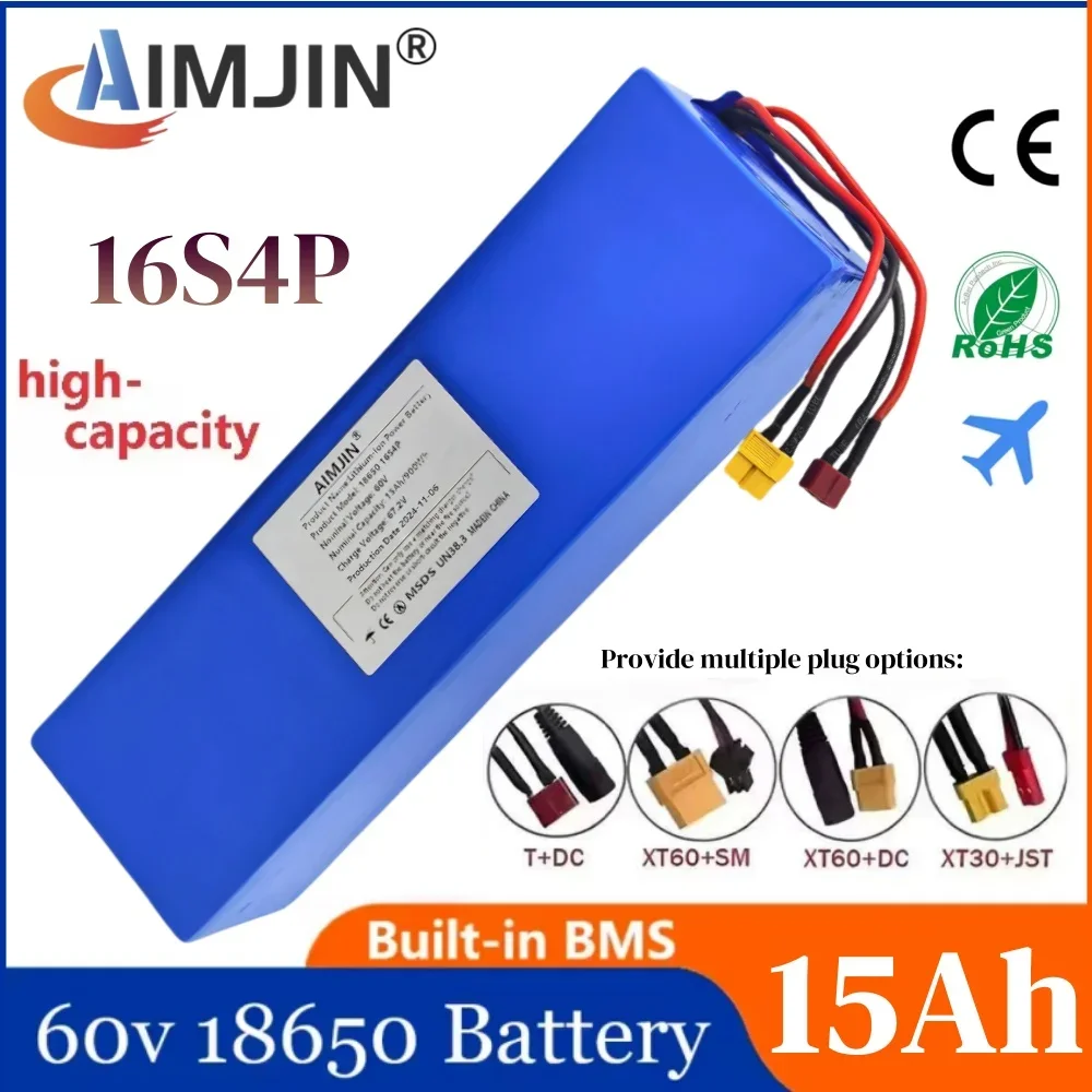 60V 15000mAh 18650 Lithium Battery with BMS for Motorcycle Scooter Bicycle 2000W Motor 16S4P Battery Pack for Electric Vehicles