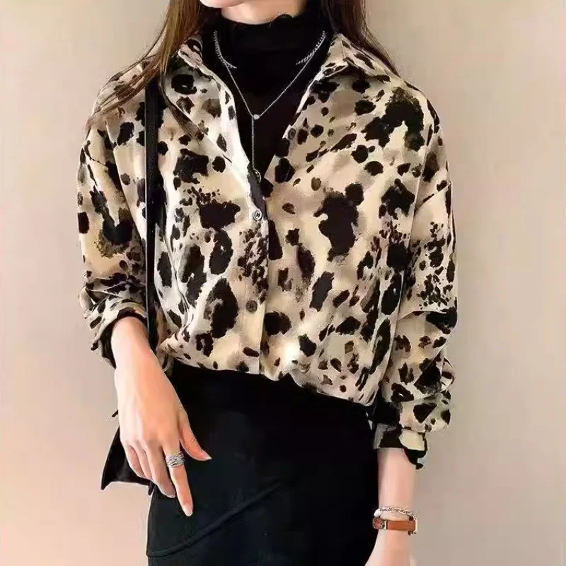 

New spring and summer design niche leopard print shirt women's long-sleeved fashionable outer wear high-end draped shirt3418#