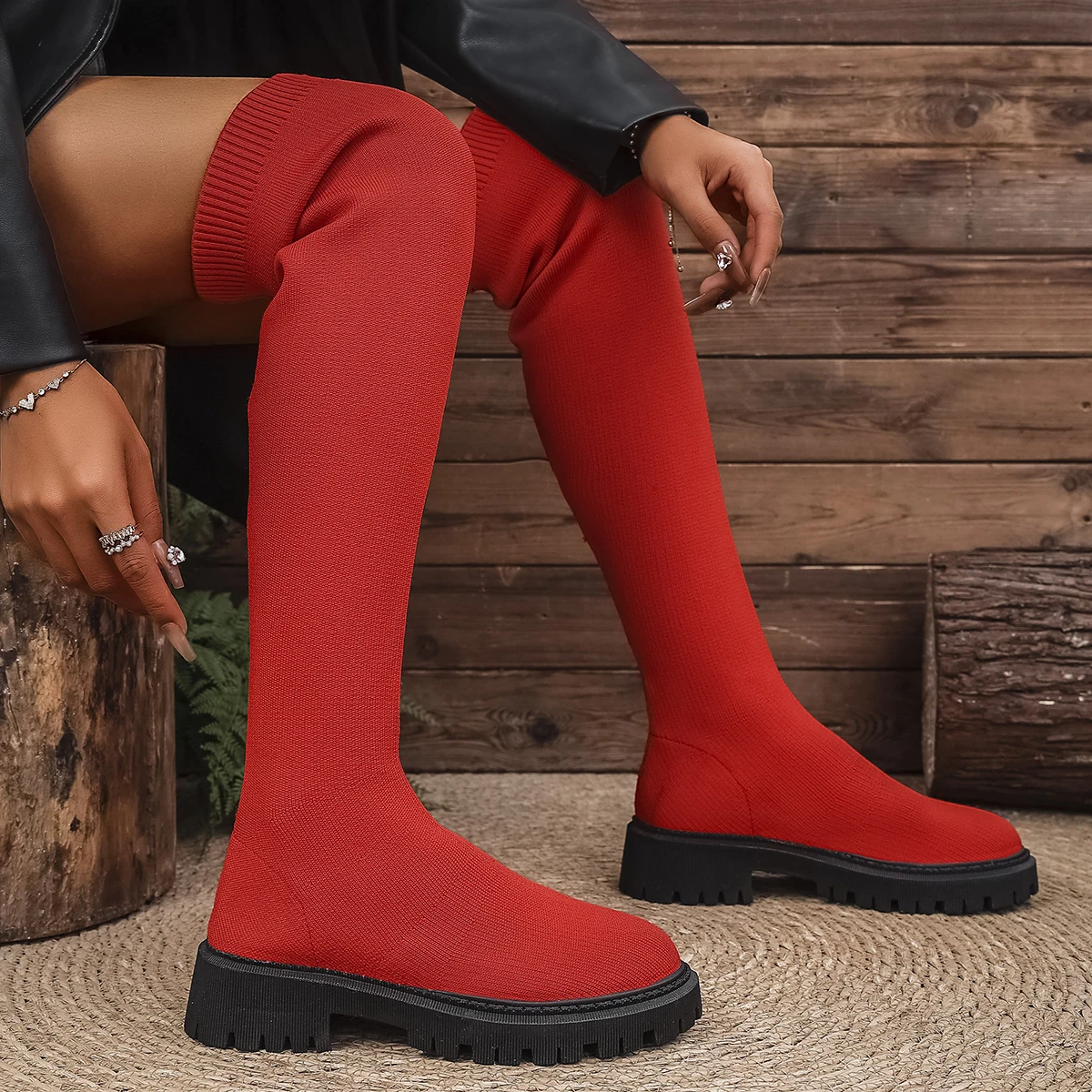 Women Over-the-Knee Boots Trend Slip on Shoes Woman Thick Bottom Luxury Knee High Boots Chunky Platform Knitted Long Boots Women