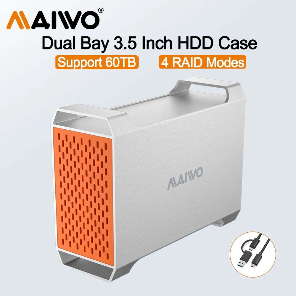 

Корпус внешнего жесткого диска MAIWO с двумя отсеками 2,5/3,5 дюйма и 4-мя док-станциями для жесткого диска RAID HD SATA к USB Type-C