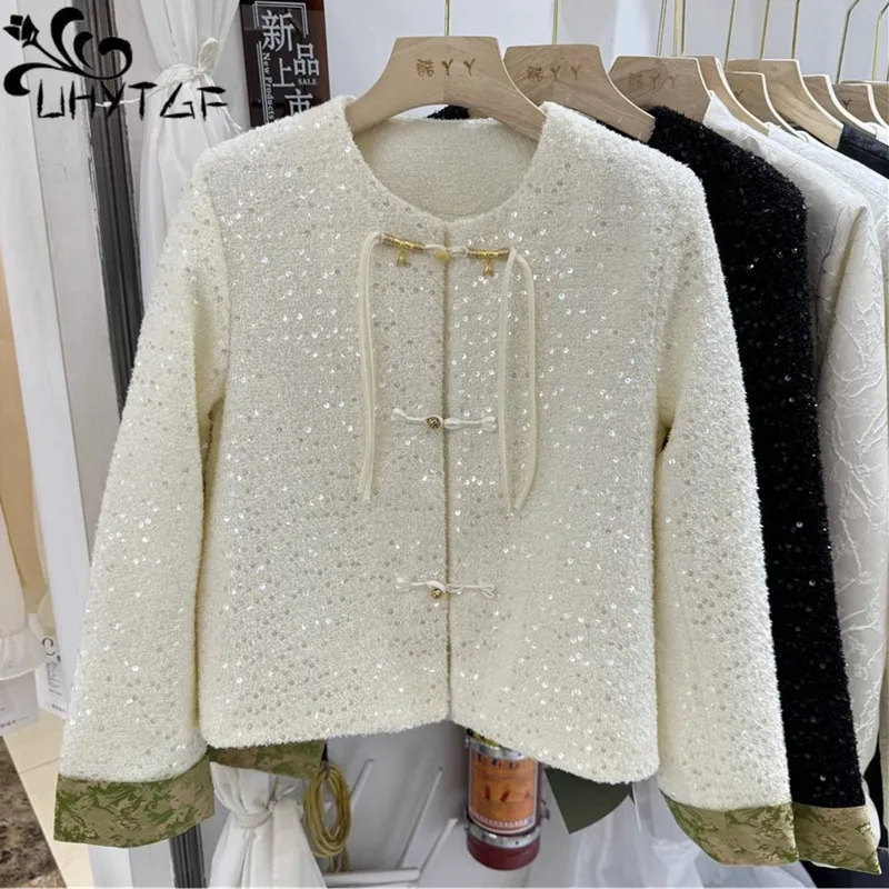 2024 primavera nuovo cappotto da donna di fascia alta con paillettes in raso cinese Patchwork fibbia a disco Chic Top Jacket abbigliamento donna femminile 2673